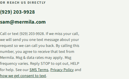 Screenshot of the Mermila website showing the business phone number (929) 203-9928 with the text message notice underneath