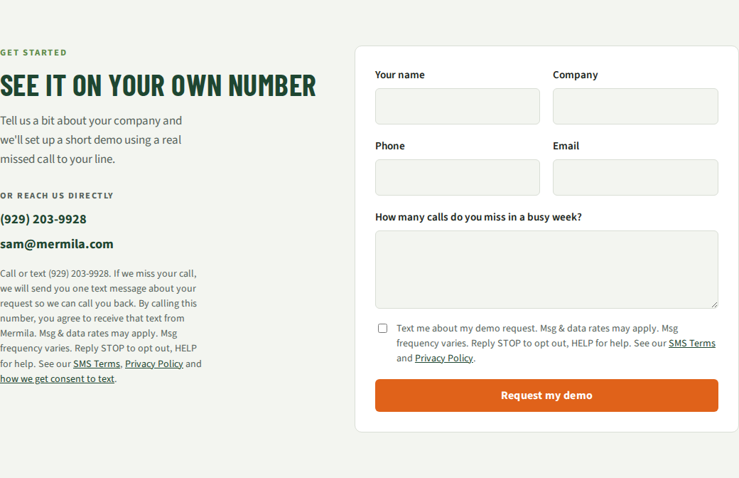 Screenshot of the Mermila demo request form with the optional, unchecked text message consent checkbox